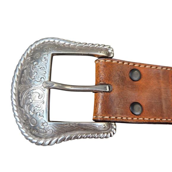 Nocona Tan Brown Leather Belt Western Braided‎ & Concho Silver Buckle Sz 32 NWOT - Picture 5 of 11